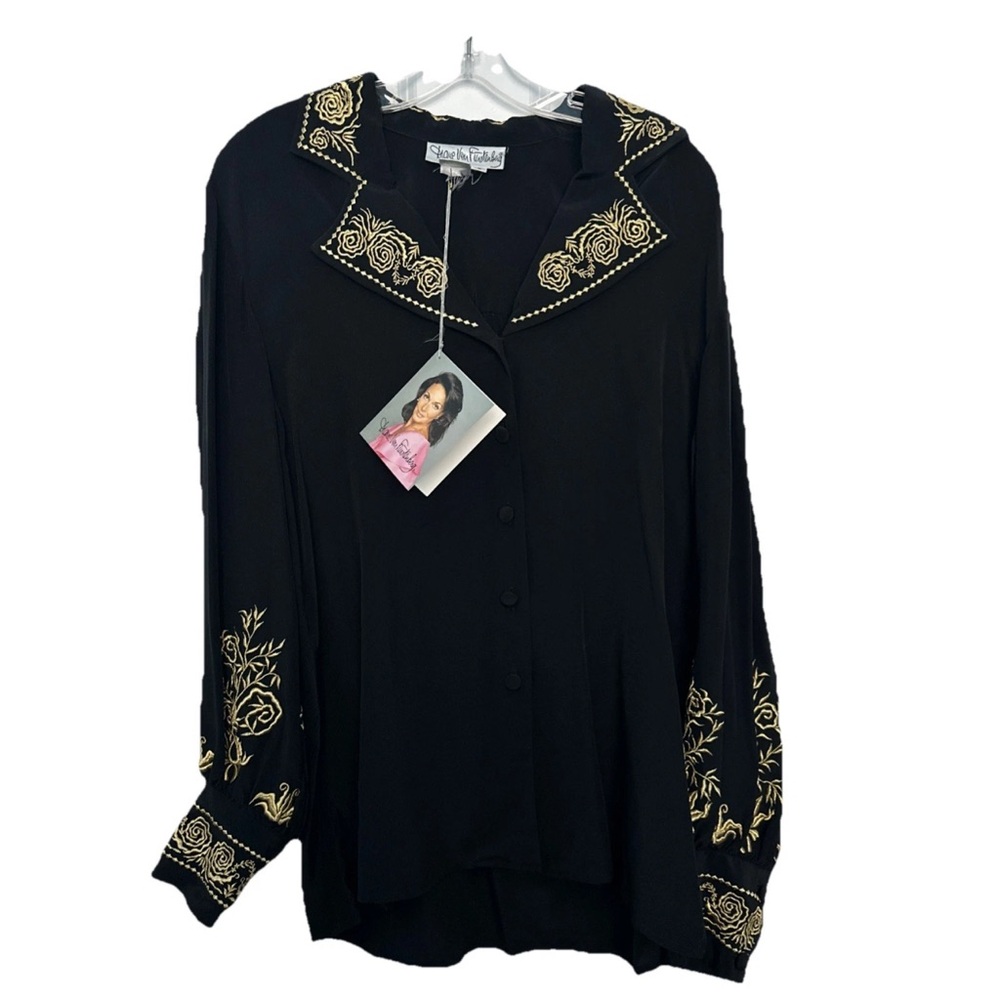 DVF Vtg Black Gold Embroidered Silk Bishop Sleeve Button Blouse Rare Sz Small